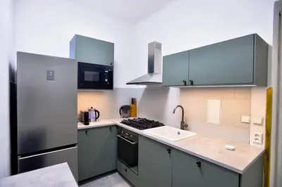 a bathroom with a shower and a sink at Airy & Bright Flat in Dejvice by Prague Castle in Prague