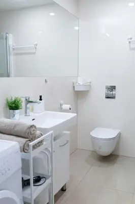 a white bathroom with a toilet and a sink at Elegant Apartment in Wenceslas Square in Prague