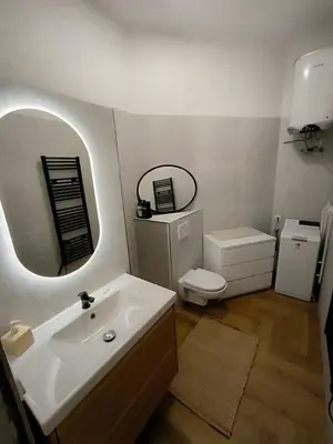 a bathroom with a sink and a toilet and a mirror at Arty Street Apartment Krymska in Prague