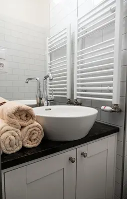 a bathroom with a sink and towels on a counter at Rentero Spacious Apartment near Prague Castle in Prague