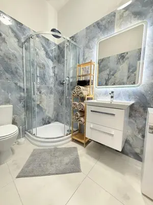 a bathroom with a shower and a sink and a toilet at Stunning apartment in middle of Wenceslas Square in Prague