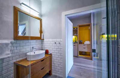 a bathroom with a sink and a mirror at Apartmány Vinice Salabka in Prague