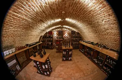 a tunnel in a wine cellar with wine bottles at Apartmány Vinice Salabka in Prague