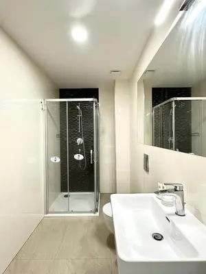 a bathroom with a shower and a sink and a toilet at Rentero Prague Central Apartment in Prague
