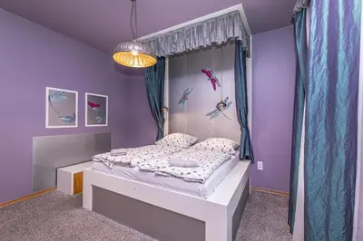 a bedroom with a canopy bed with purple walls at Antiveli Residence in Prague