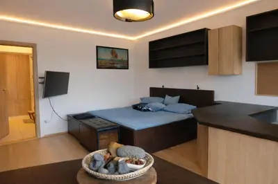 a small room with a bed and a kitchen at Sauna Apartement, 3 bedrooms, Praha 8 in Prague