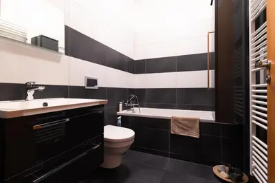 a black and white bathroom with a toilet and a sink at Staropramenna Garden Residence in Prague