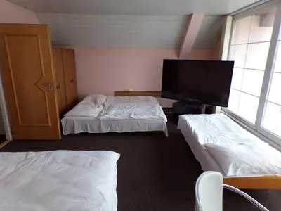 a room with two beds and a flat screen tv at Motel Oseček in Oseček