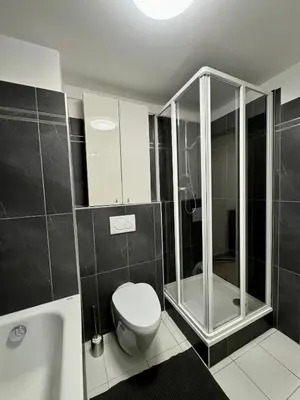 a bathroom with a toilet and a glass shower at Dalimilova Apartments in Prague