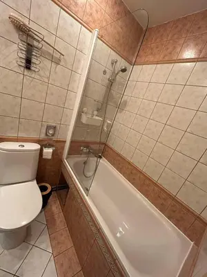 a bathroom with a shower and a toilet and a tub at Vysehrad studio near the Congress Centre, new bed in Prague