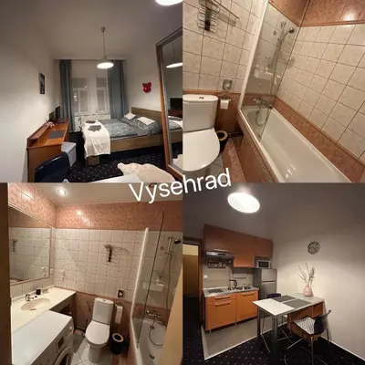 two pictures of a bathroom and a bedroom at Vysehrad studio near the Congress Centre, new bed in Prague