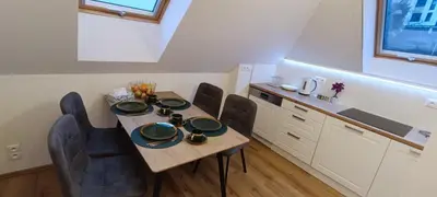 a kitchen with a table and chairs in a room at Aparthotel Praha in Prague