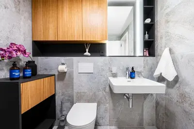 a bathroom with a sink and a toilet at Prague Days - Studio with Terrace and Garage in Modern Building in Prague
