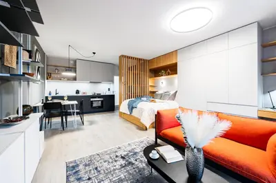 a bedroom and a living room with a bed at Prague Days - Studio with Terrace and Garage in Modern Building in Prague