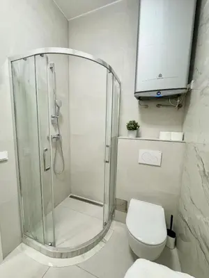a bathroom with a shower with a toilet and a sink at Modern 2BED with st Ludmila view and entire square in Prague
