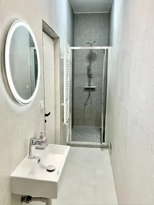 a white bathroom with a sink and a shower at Cozy One-Room Apartment in heart of Prague in Prague