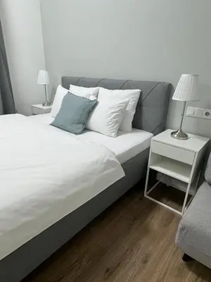 a bedroom with a large bed with white and blue pillows at Elegant & Classy 1BR Apartment in Central Prague in Prague