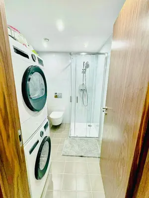a bathroom with a shower and a washing machine at Nest Home Prague center in Prague