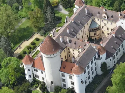 an aerial view of a castle at Hotel Konopiště Nová Myslivna in Benešov
