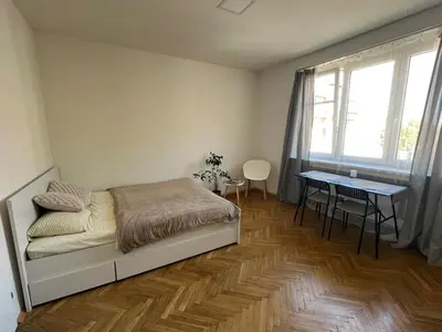 a bedroom with a bed and a table and a desk at Byt Podoli in Prague