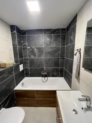 a bathroom with a tub and a toilet and a sink at Byt Podoli in Prague