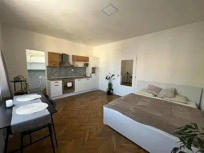 a bedroom with a large bed and a kitchen at Byt Podoli in Prague