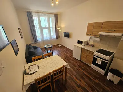 a kitchen and a living room with a table and a kitchen and a living room at Jezerka Apartments - Free Parking - Easy Access to Center in Prague