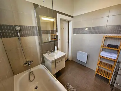 a bathroom with a tub and a sink and a mirror at Jezerka Apartments - Free Parking - Easy Access to Center in Prague