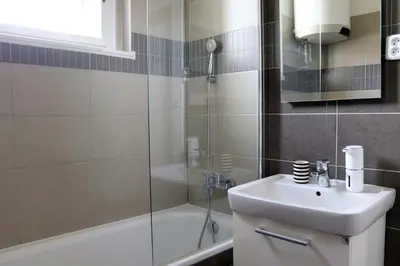 a bathroom with a shower and a sink and a toilet at Jezerka Apartments - Free Parking - Easy Access to Center in Prague