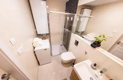 a bathroom with a shower and a toilet and a sink at Stylish Studio in the city center in Prague