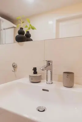a bathroom sink with a faucet and some plants at Stylish Studio in the city center in Prague