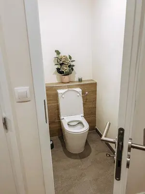a bathroom with a toilet with a plant on a shelf at Stylish 1 bedroom plus office at amazing location in Prague