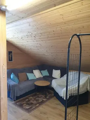 a room with a couch and a bed in a attic at u dobroty in Nový Dŭm