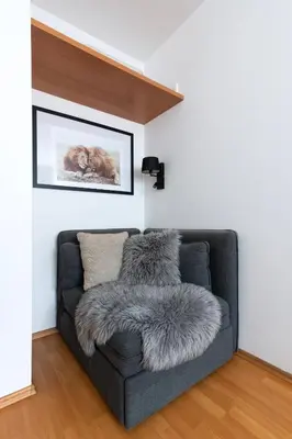 a gray couch with a furry pillow on a room at Family Arena Prague in Prague
