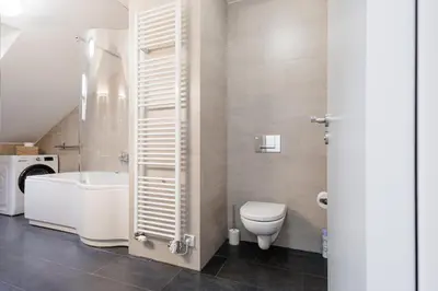 a bathroom with a toilet and a tub and a sink at Charming Duplex Loft in Prague Center in Prague
