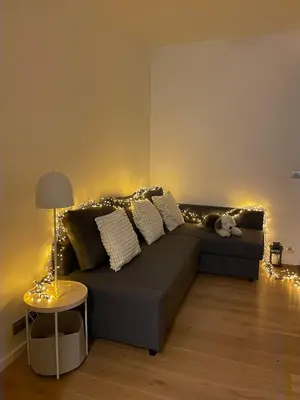 a living room with a couch with christmas lights at Peaceful Escape & Cozy Backyard in Prague