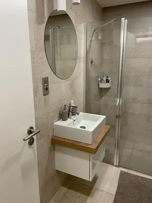 a bathroom with a sink and a shower at Peaceful Escape & Cozy Backyard in Prague