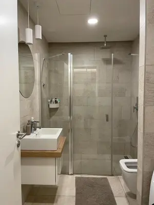a bathroom with a shower and a sink and a toilet at Peaceful Escape & Cozy Backyard in Prague