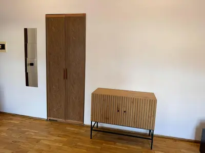 a room with a white wall and a wooden cabinet at Cosy Studio with terrace near Florenc in Prague