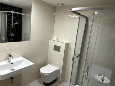 a bathroom with a toilet and a sink and a shower at Florenc Apartment in Prague