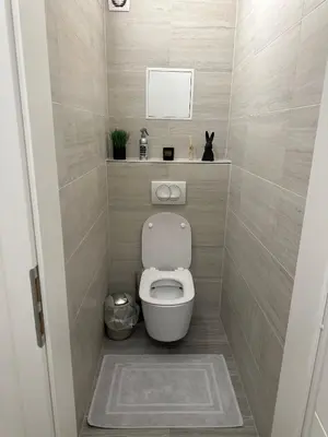 a small bathroom with a toilet with a mirror at Apartamenty Liben O2 in Prague