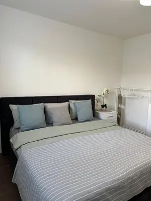 a bedroom with a large bed with blue pillows at Apartamenty Liben O2 in Prague