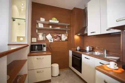 a small kitchen with a sink and a microwave at Charles Bridge Apartment in Prague