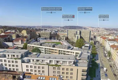an aerial view of a city with buildings and roads at Viktoria Suite N3 with Garage & Balcony in Prague