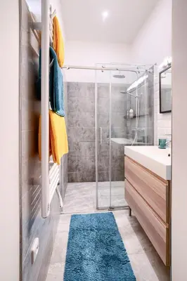 a bathroom with a shower and a sink at Apartmán Flora in Prague