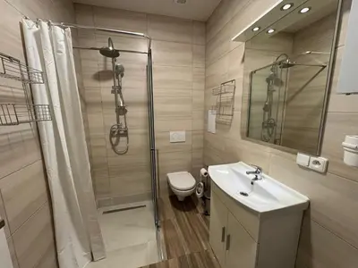 a bathroom with a shower and a toilet and a sink at Modern, comfortable apartments near the metro in Prague