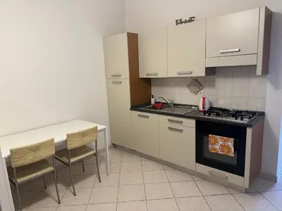 a kitchen with a stove and a table with chairs at Tyrsova Apartment City Centre in Prague