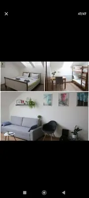 two pictures of a living room with a couch and a table at Urban, 2 Bedroom, six min tram Charles bridge in Prague