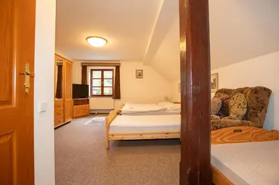 a bedroom with a bed and a couch in a room at Resort U Jelena in Křivoklát