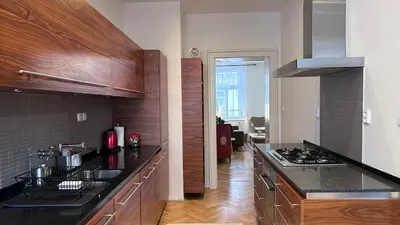 a kitchen with a stove and a counter top at Stylish accommodation in the center of Prague in Prague